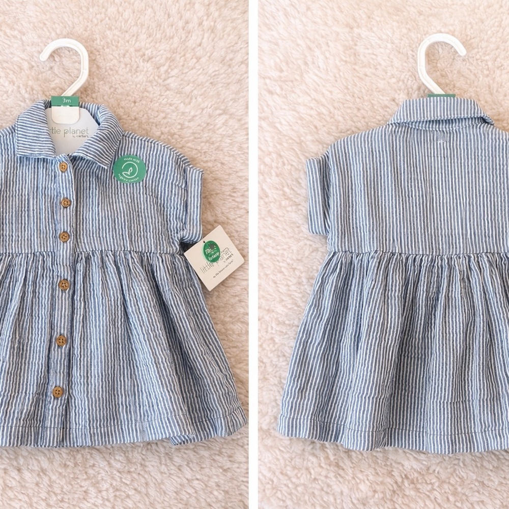 Little Planet by Carter’s Striped Dress 0-3M 🌿 Organic Cotton Blue Button Front